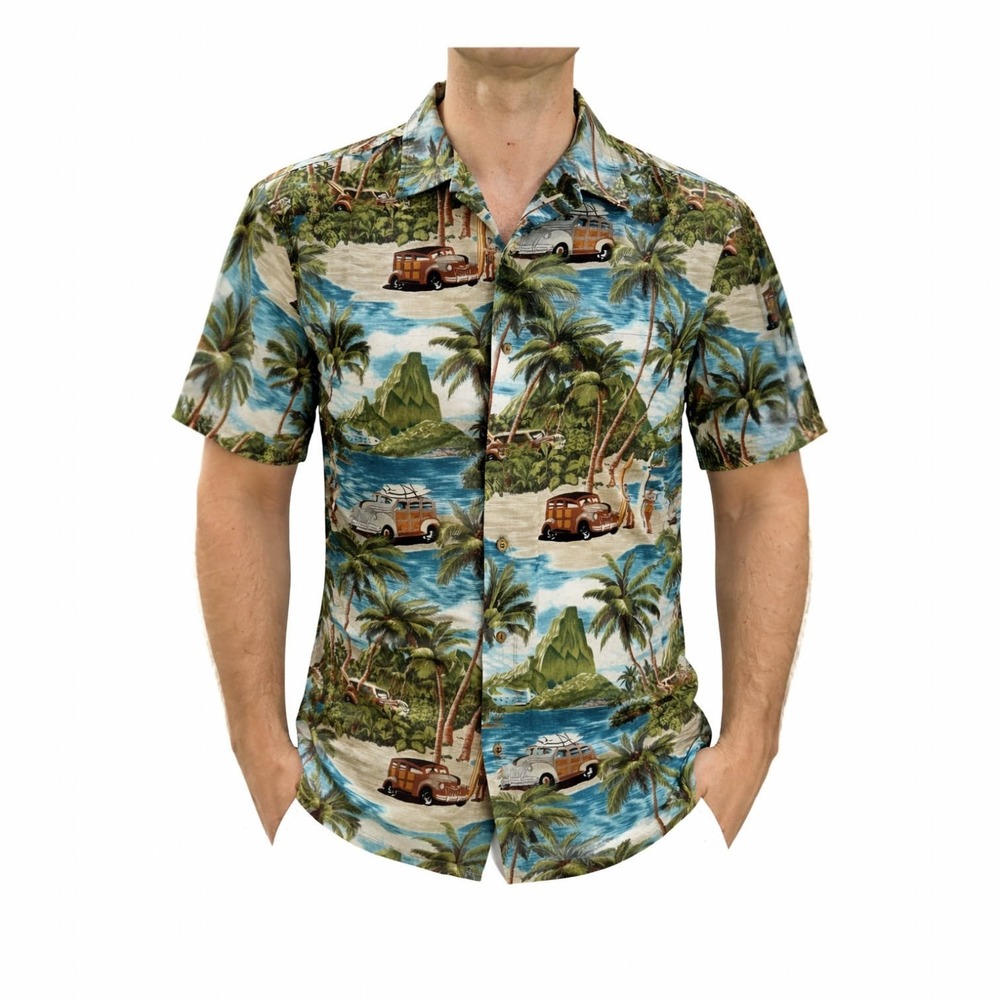 RJC Hawaiian Aloha Shirt Large Woodies Sea Planes Surfers On Beach